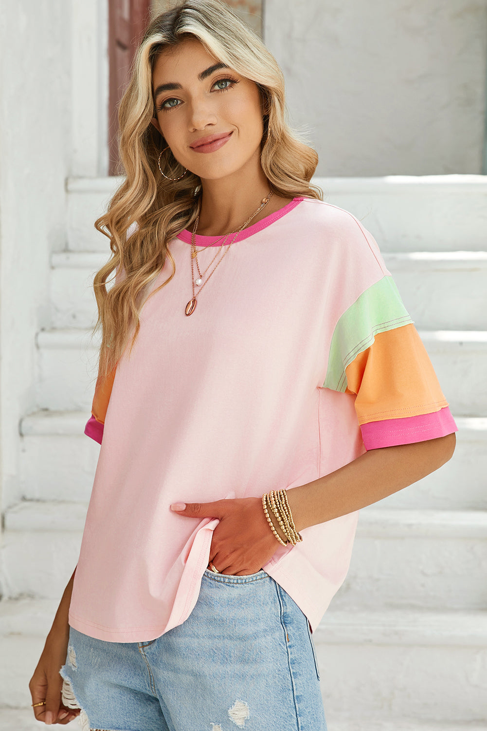 Color Block Sleeve Round Neck Oversize Top