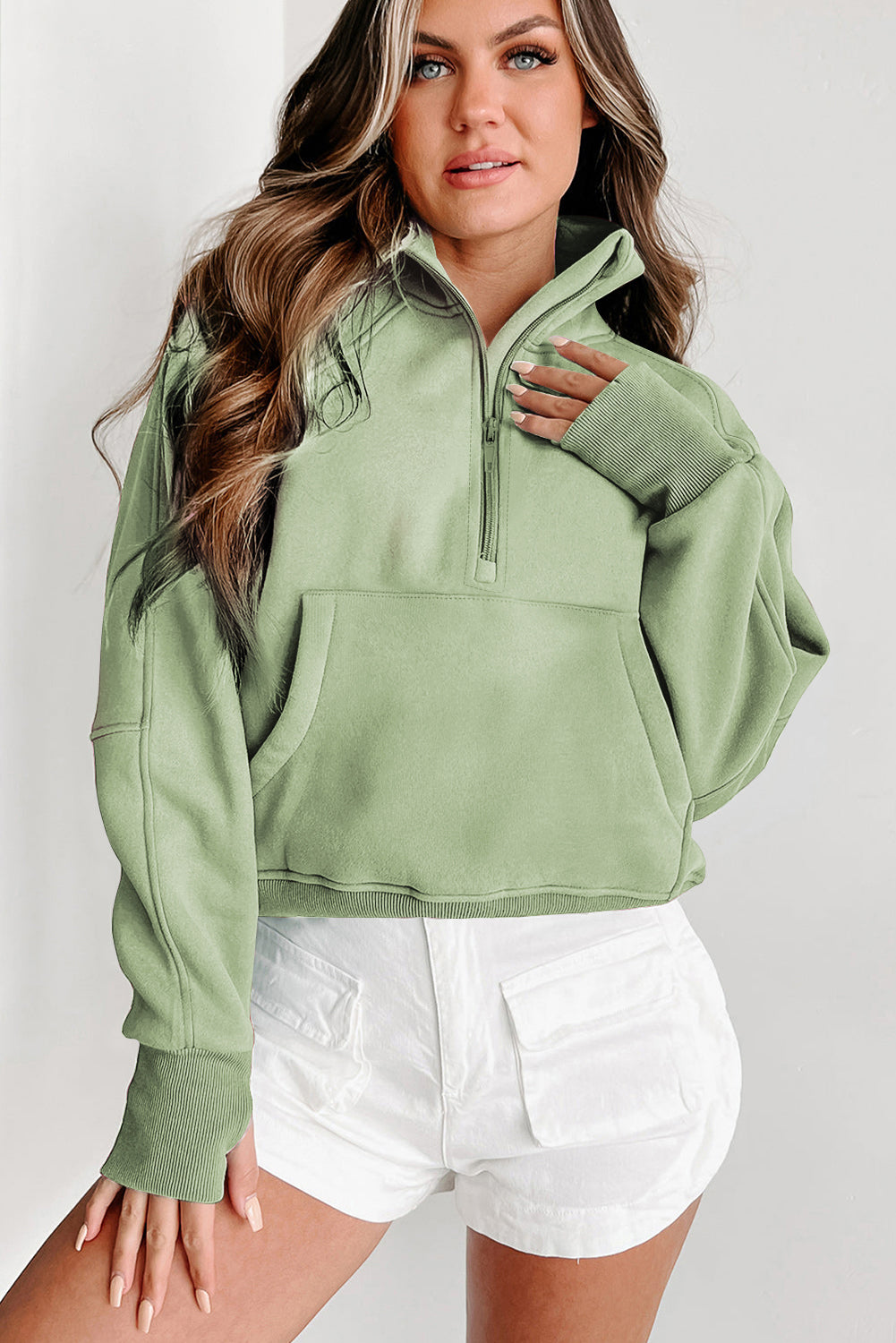 Zip Up Stand Collar Ribbed Thumbhole Sleeve Sweatshirt - 12 Colours Available