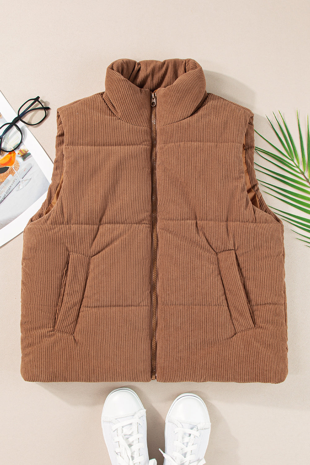 Black Solid Colour Corduroy Puffer Vest Coat