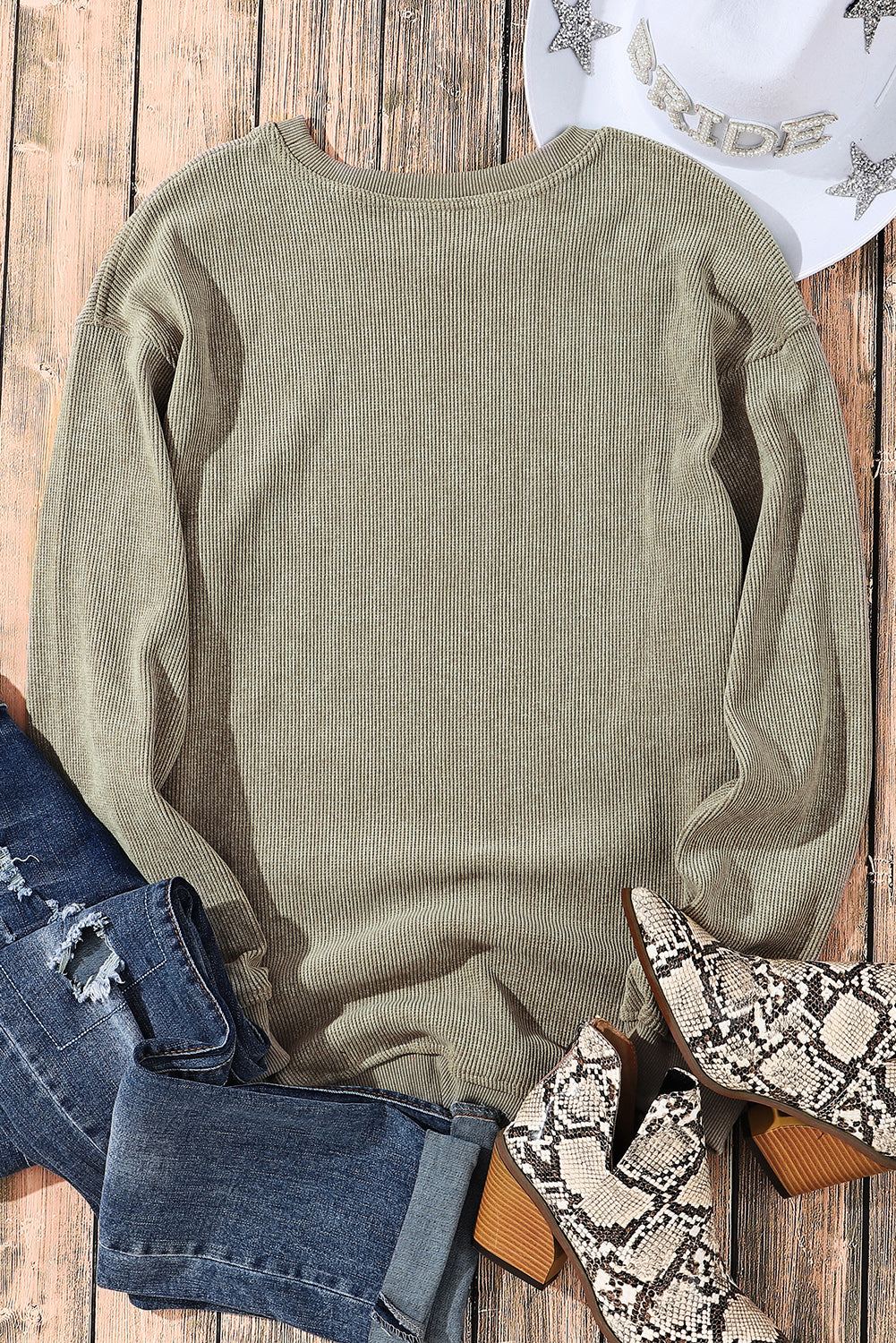 Solid Ribbed Round Neck Pullover Sweatshirt