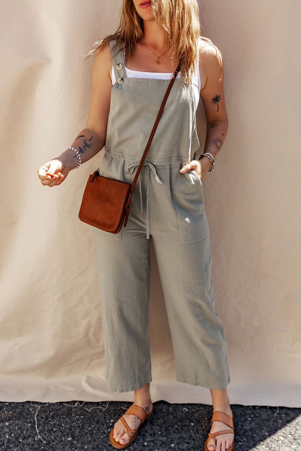 Drawstring Buttoned Straps Cropped Jumpsuit