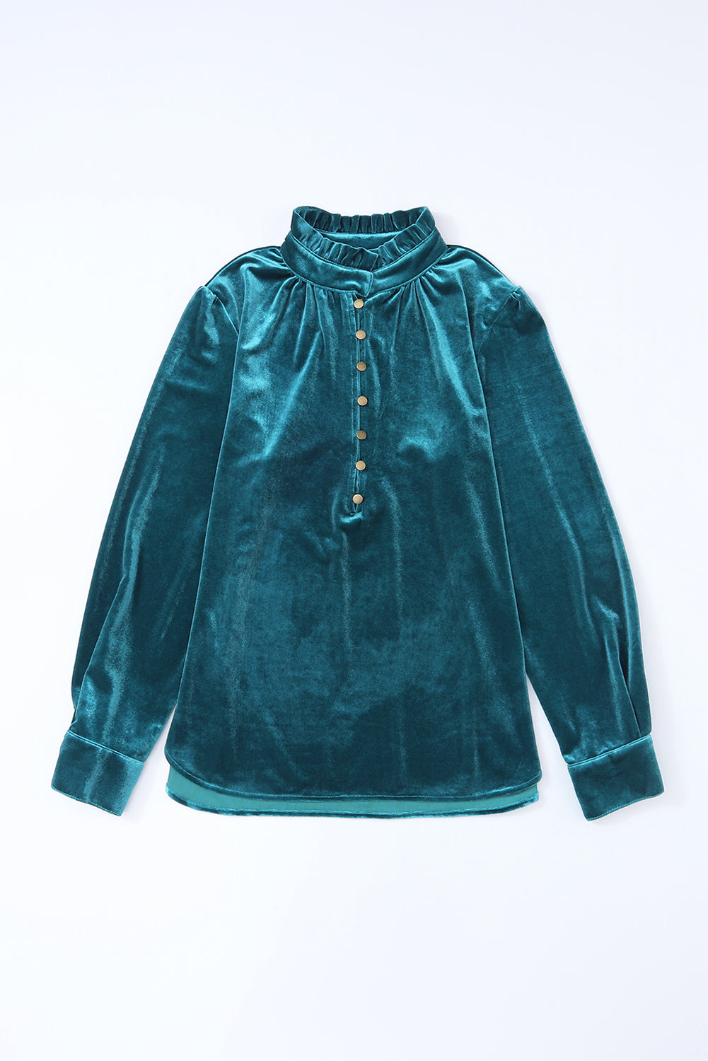 Frilled Buttoned V Neck Velvet Blouse