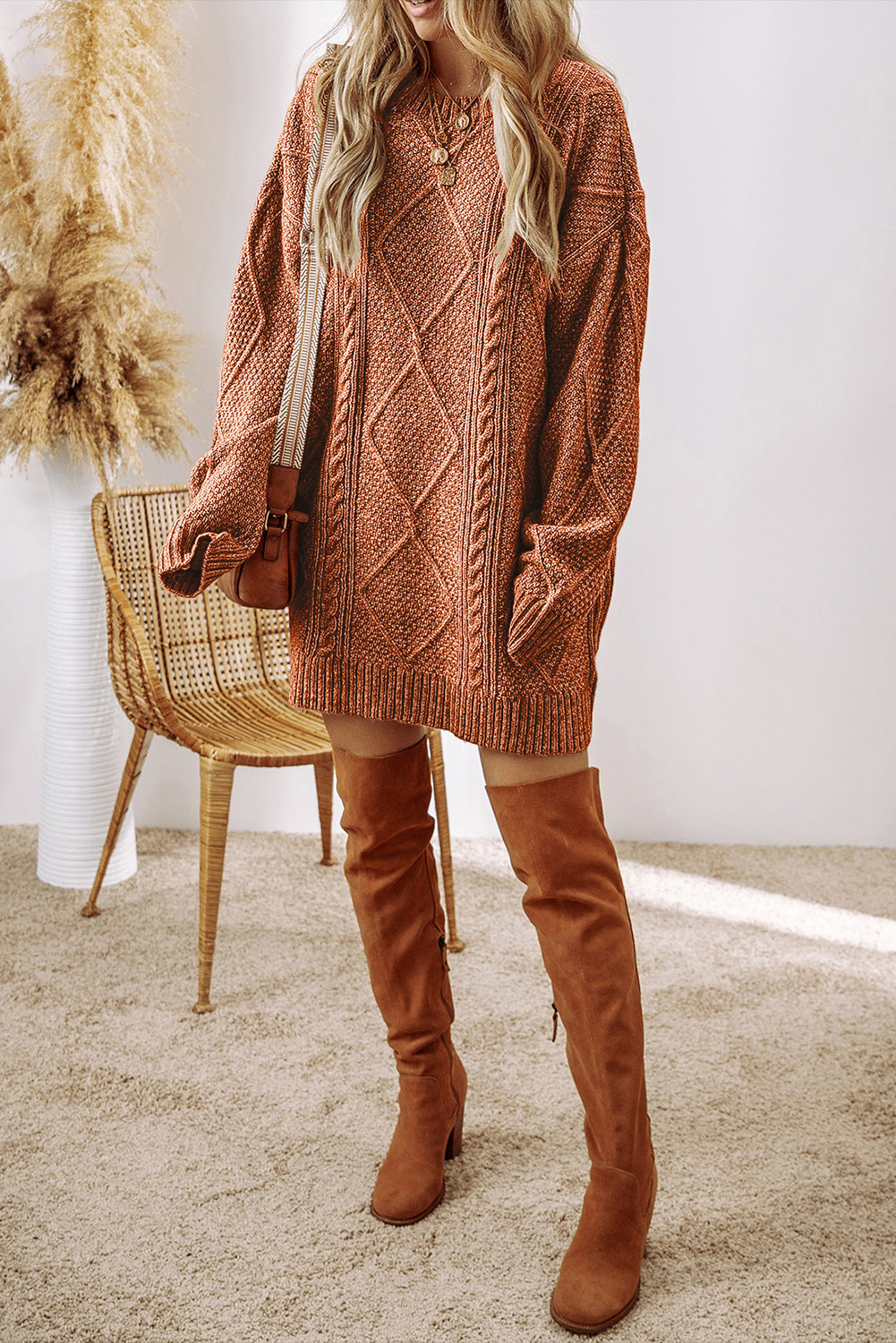 Twist Cable Knit Drop Shoulder Loose Fit Sweater Dress