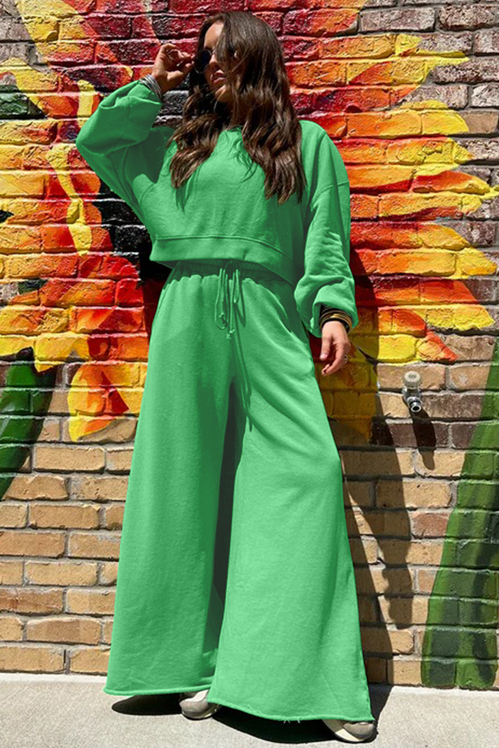 Drop Shoulder Crop Pullover Drawstring Wide Leg Trouser Set