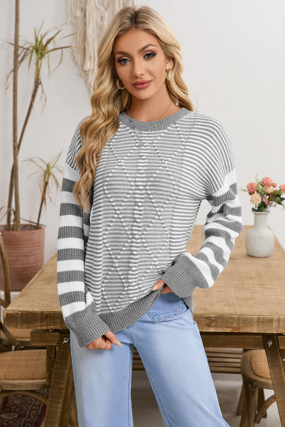 Stripe Twisted Knitted Drop Shoulder Sweater