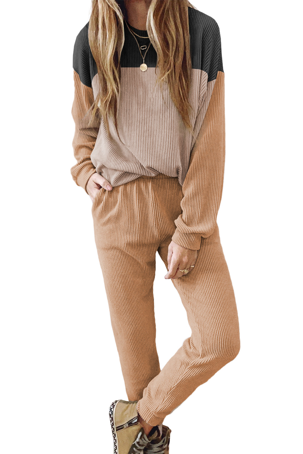 Colorblock Corded Slouchy Top and Pants Set