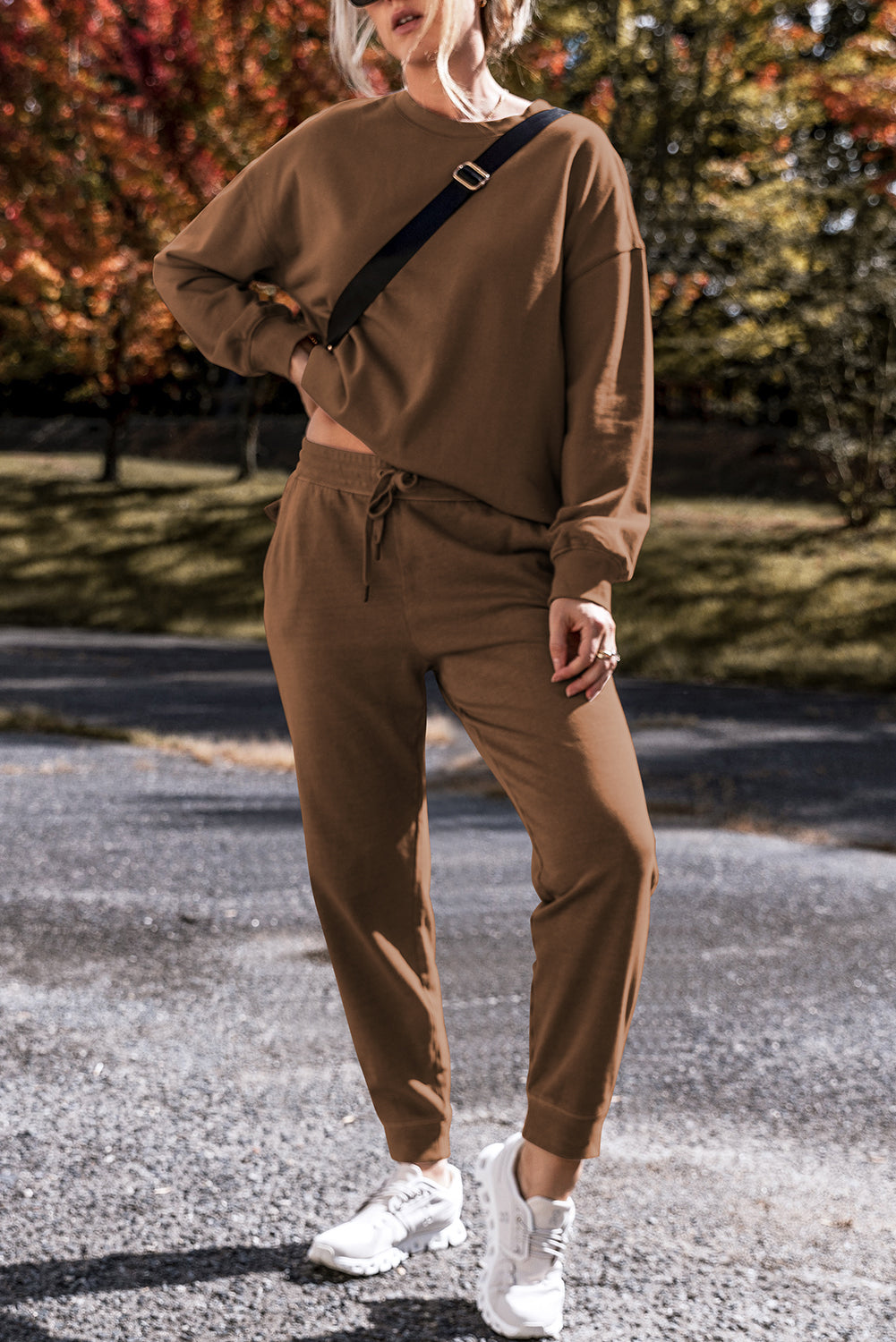 Coffee Solid Colour High Low Pullover and Pants Set