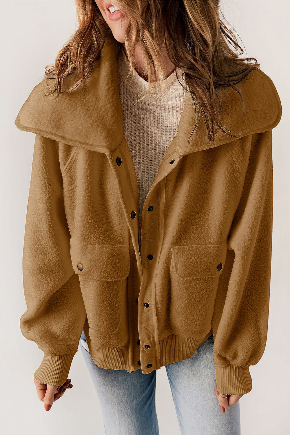 Brown Button Flap Pockets Collared Fleece Jacket