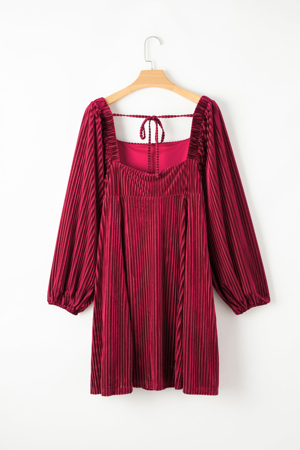 Square Neck Tie Back Ribbed Velvet Babydoll Dress