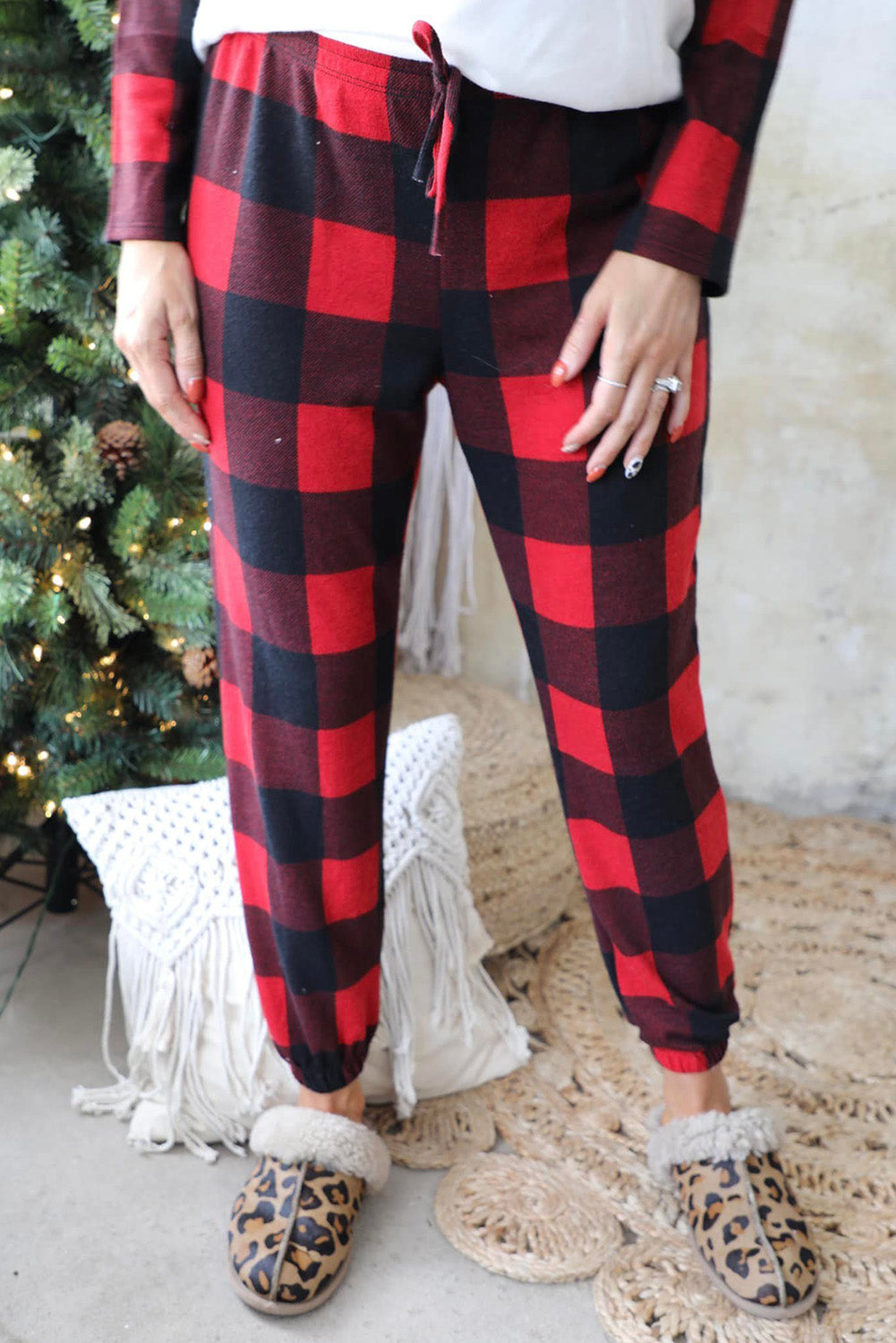 Red Plaid Merry Christmas Casual Top & Pants Loungewear Set