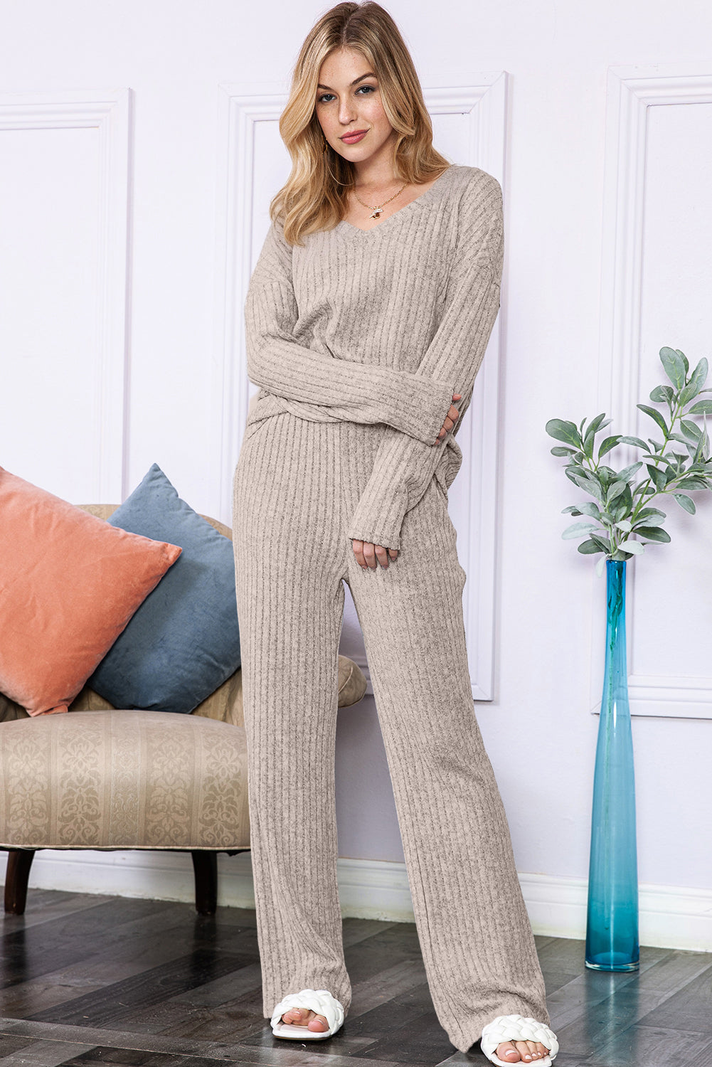 Slouchy Ribbed Knit V Neck Top & Pants Loungewear Set