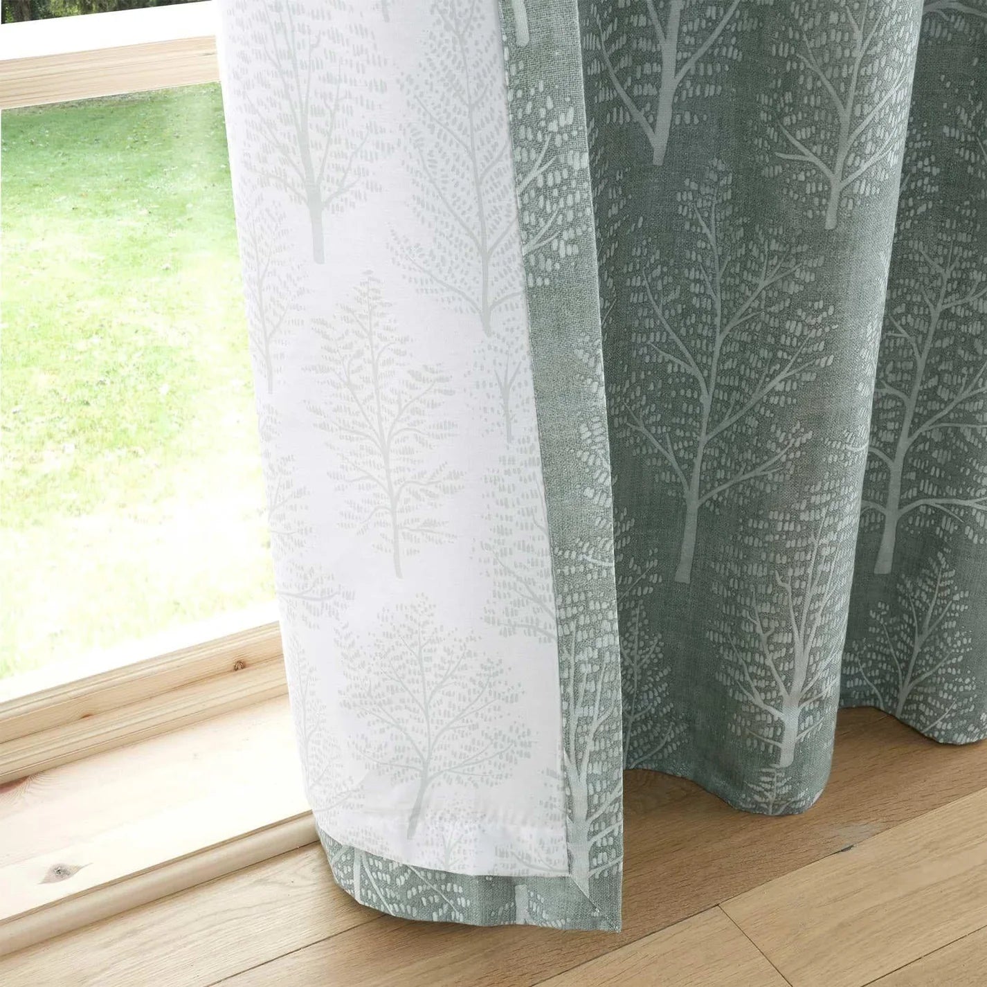 Sage Green Alder Trees Lined Eyelet Curtains - Catherine Lansfield