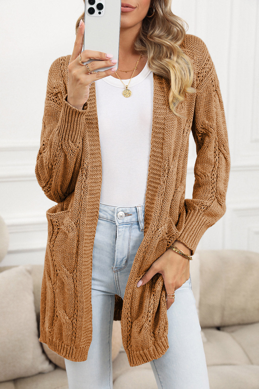 Red Ribbed Trim Hollow Knit Side Slits Cardigan