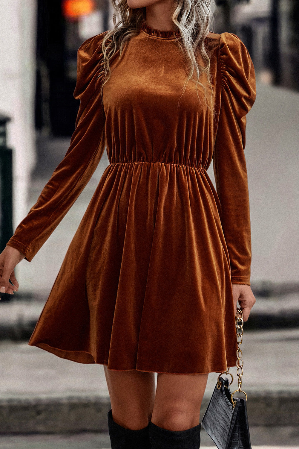 Velvet Frilled Neck Gigot Sleeve Swing Dress