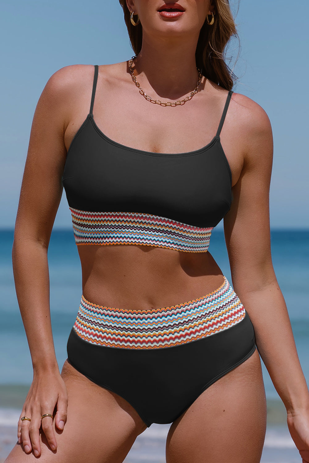 Striped Patchwork Spaghetti Strap High Waist Bikini Set