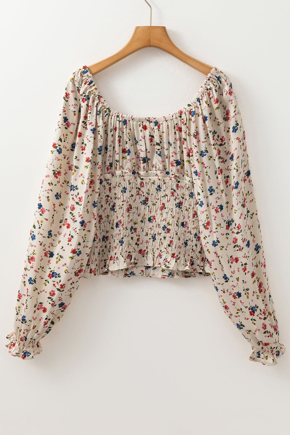 Beige Boho Floral Print Smocked V Neck Peplum Blouse