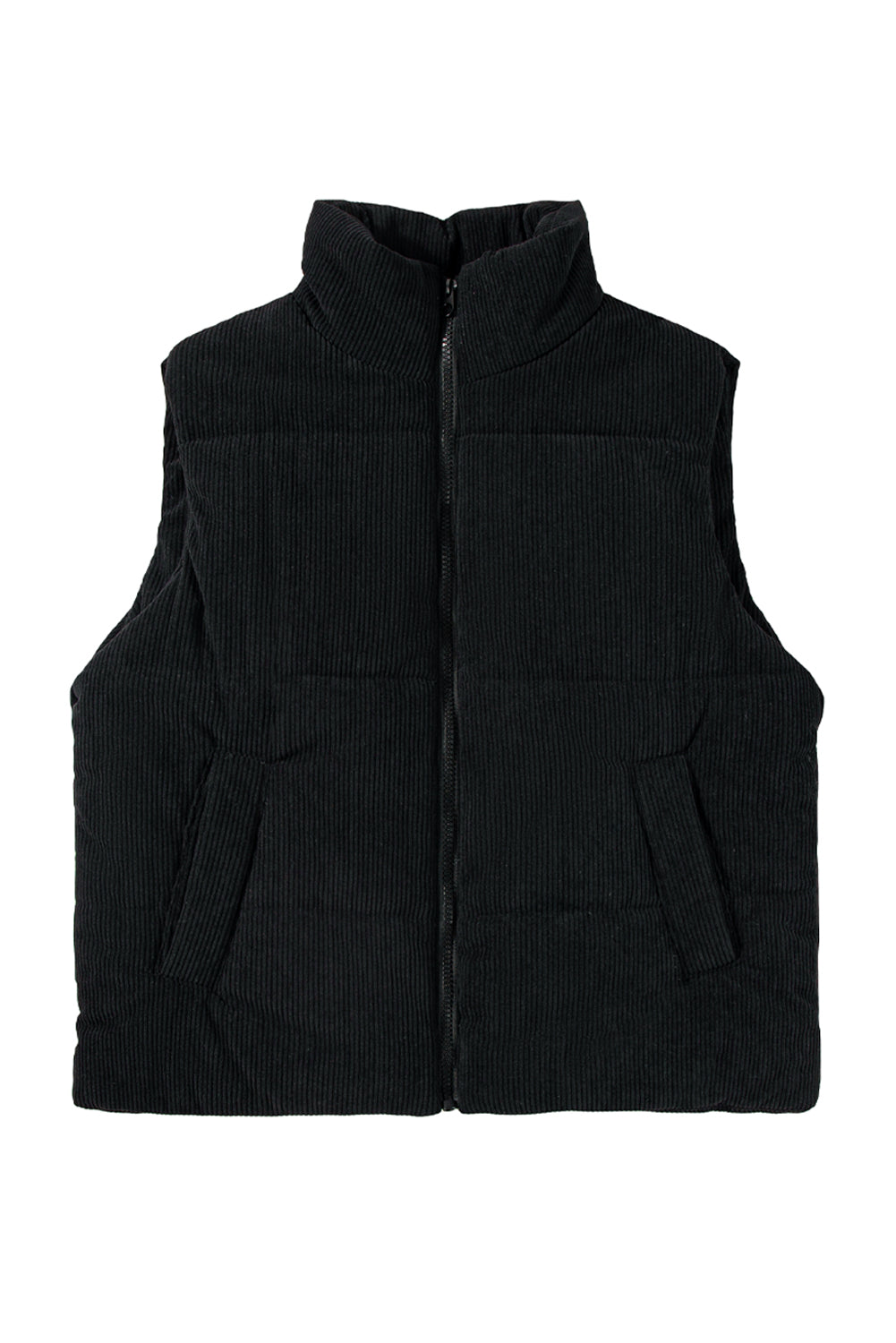 Black Solid Colour Corduroy Puffer Vest Coat