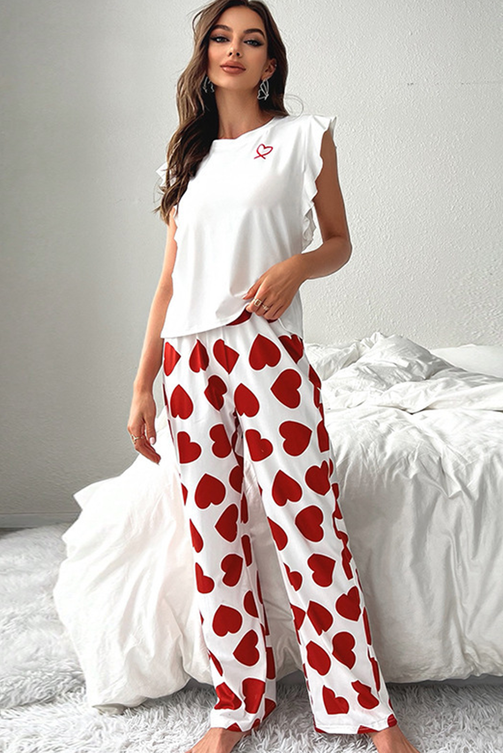 Print Ruffle Sleeveless Top and Pants Valentines Pajama Set