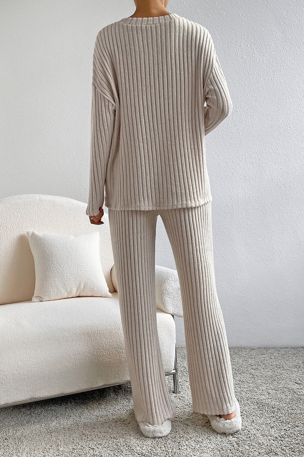 Slouchy Ribbed Knit V Neck Top & Pants Loungewear Set