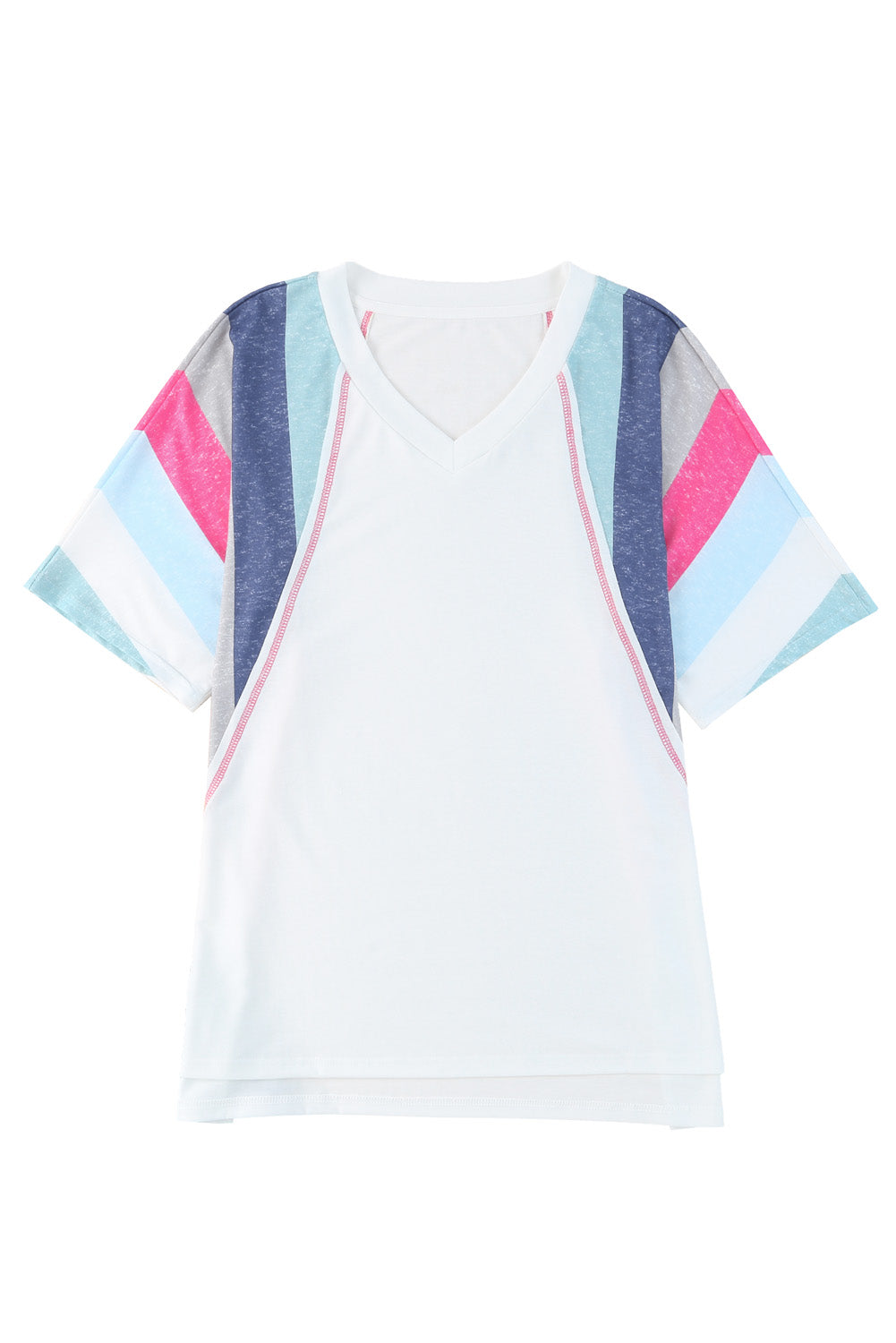 White Stripe Colorblock V Neck T Shirt