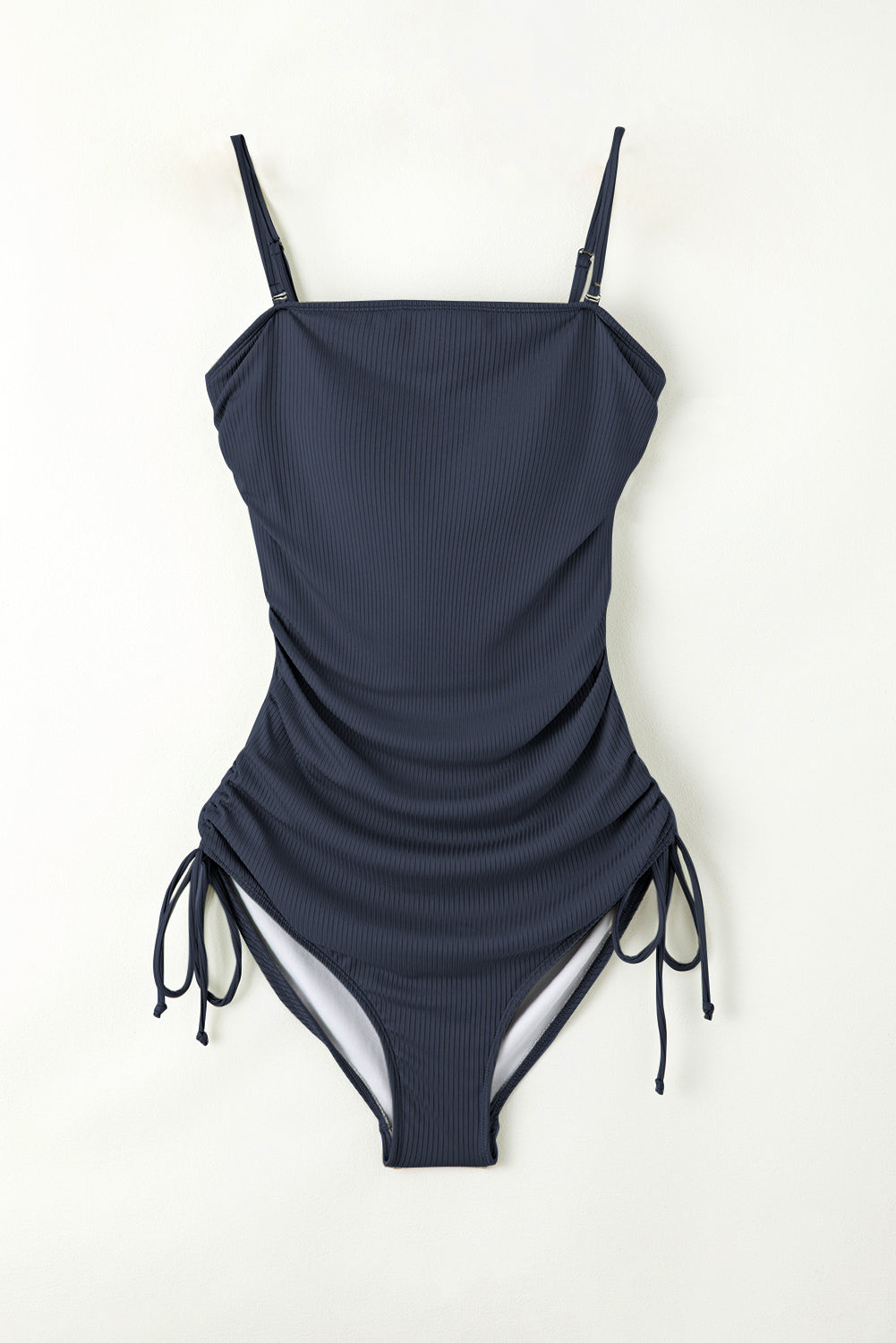 Navy Blue Side Drawstring Cutout Ribbed One Piece Swimsuit