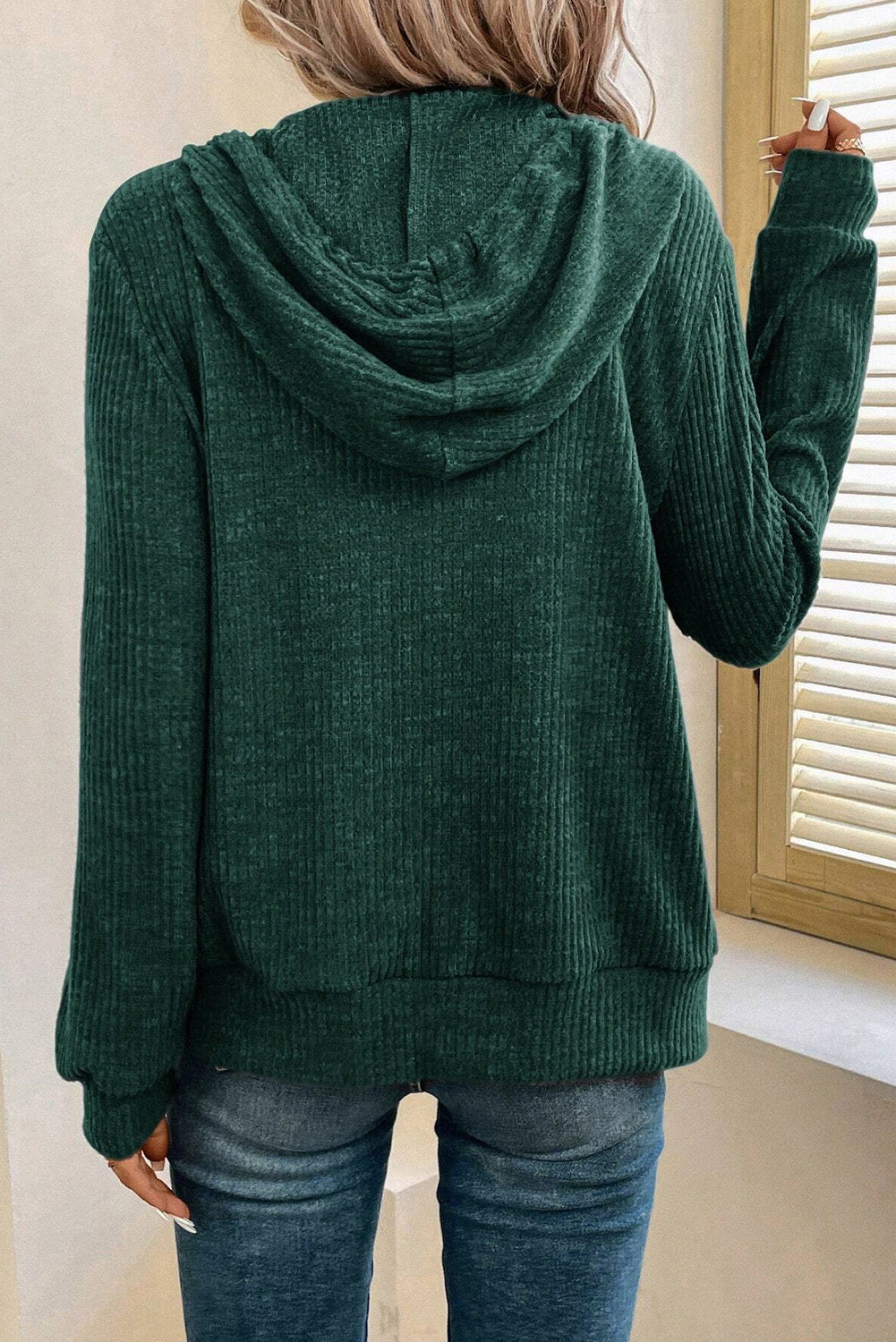 Evergreen Ribbed Zip Front Drawstring Hoodie