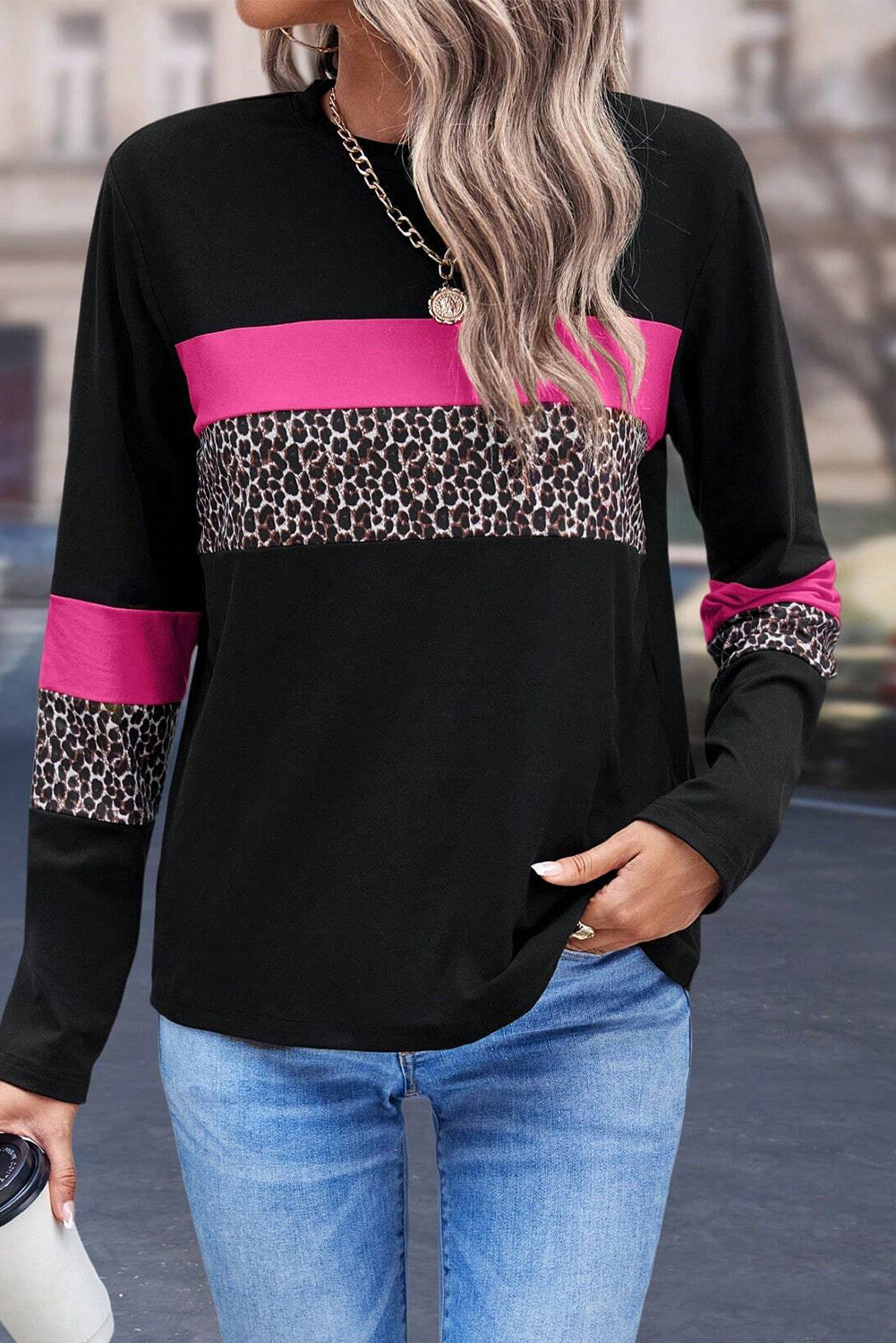 White Leopard Colorblock Patchwork Crew Neck Top