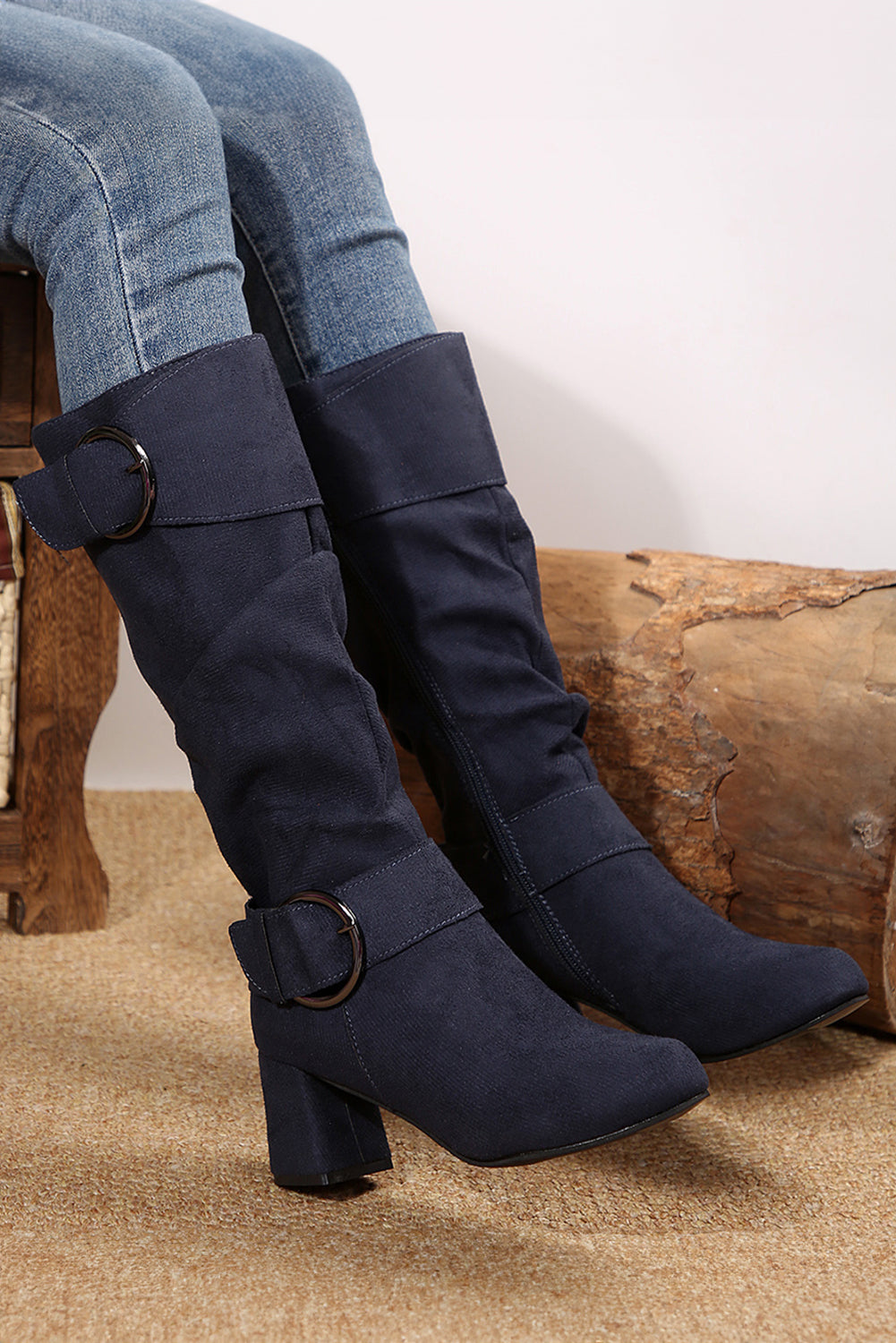 Suede Double Buckled Side Zipper Mid-calf Boots