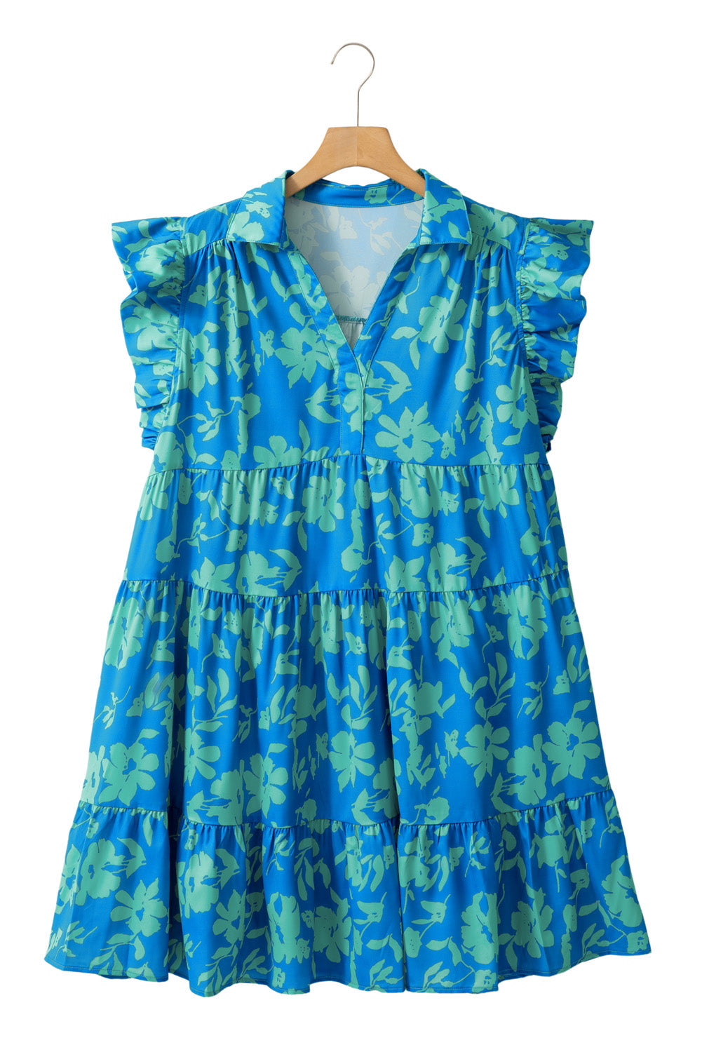 Sky Blue Plus Size Floral Print Flutter Sleeve Buttoned Mini Dress