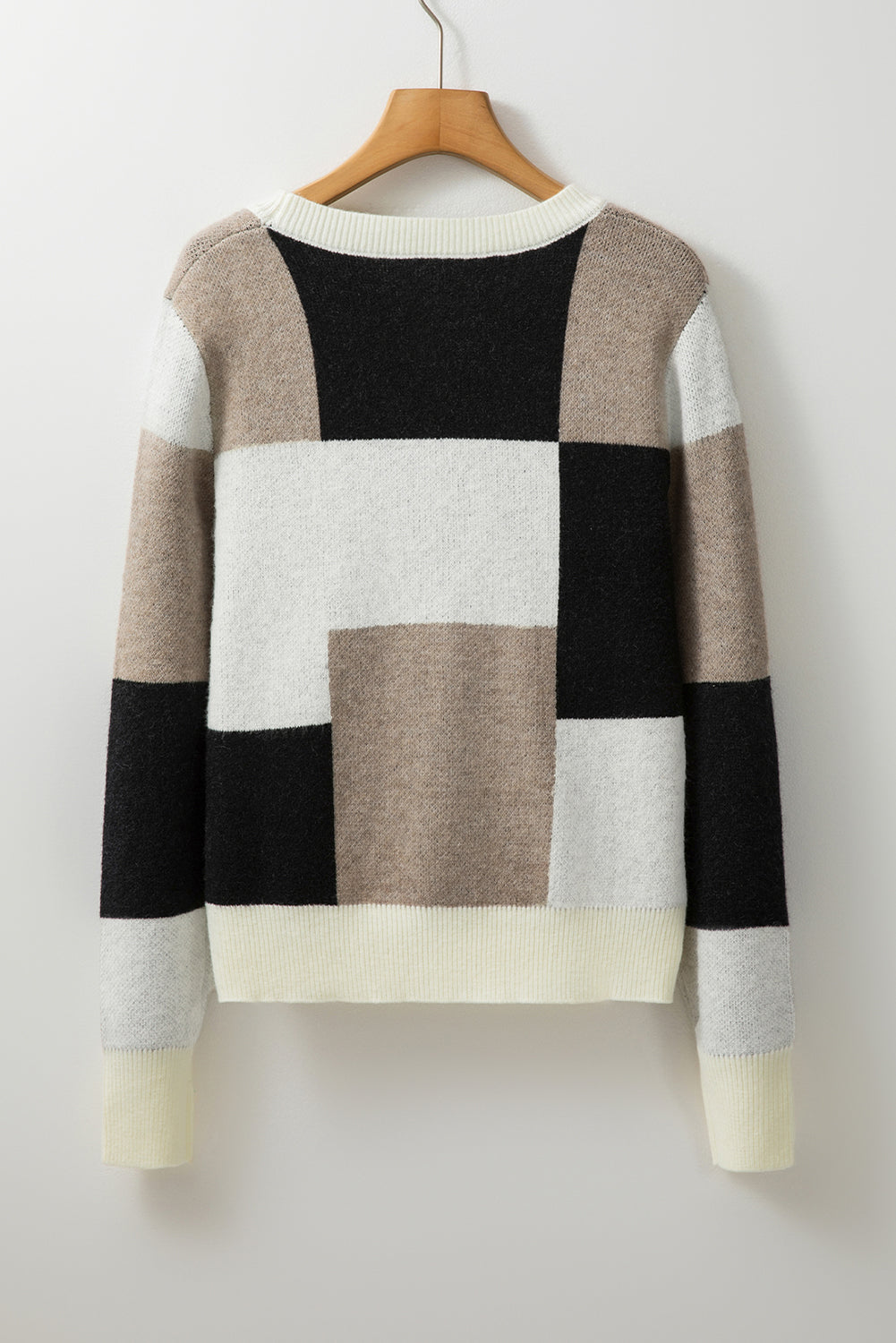 Black Checkered Colourblock Round Neck Knit Sweater