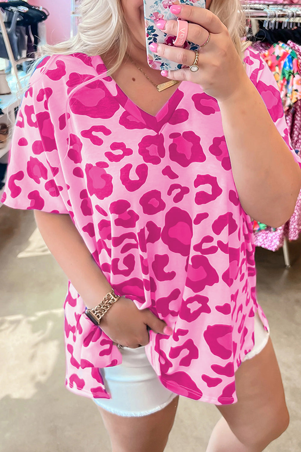 Leopard Print V Neck Plus Size Tee