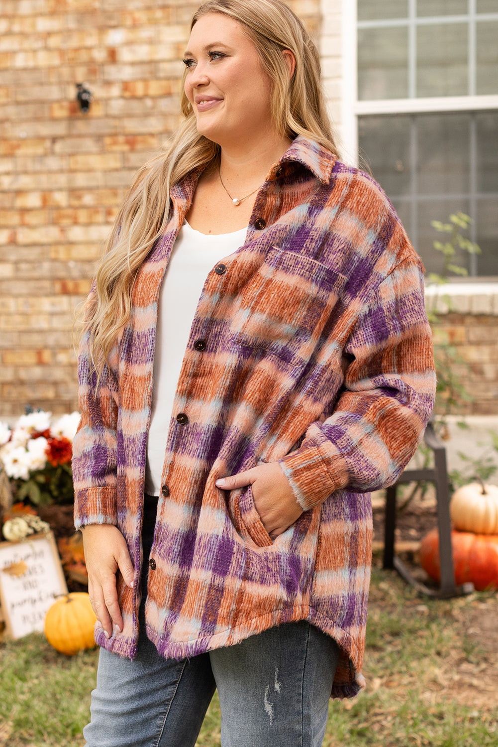 Multicolour Plus Size Plaid Print Collared Button Up Jacket