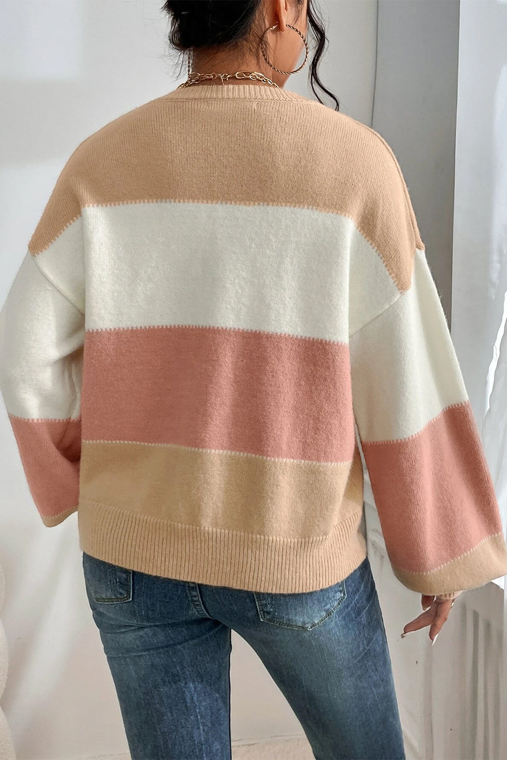 Dusty Pink Colour Block Lantern Sleeve Drop Shoulder Sweater