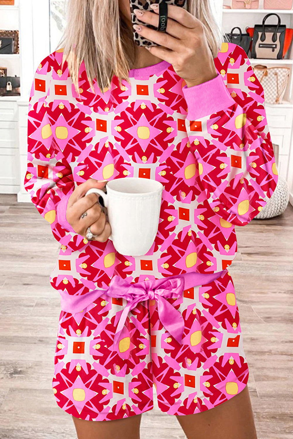 Sachet Pink Geometric Print Long Sleeve Pullover and shorts Set