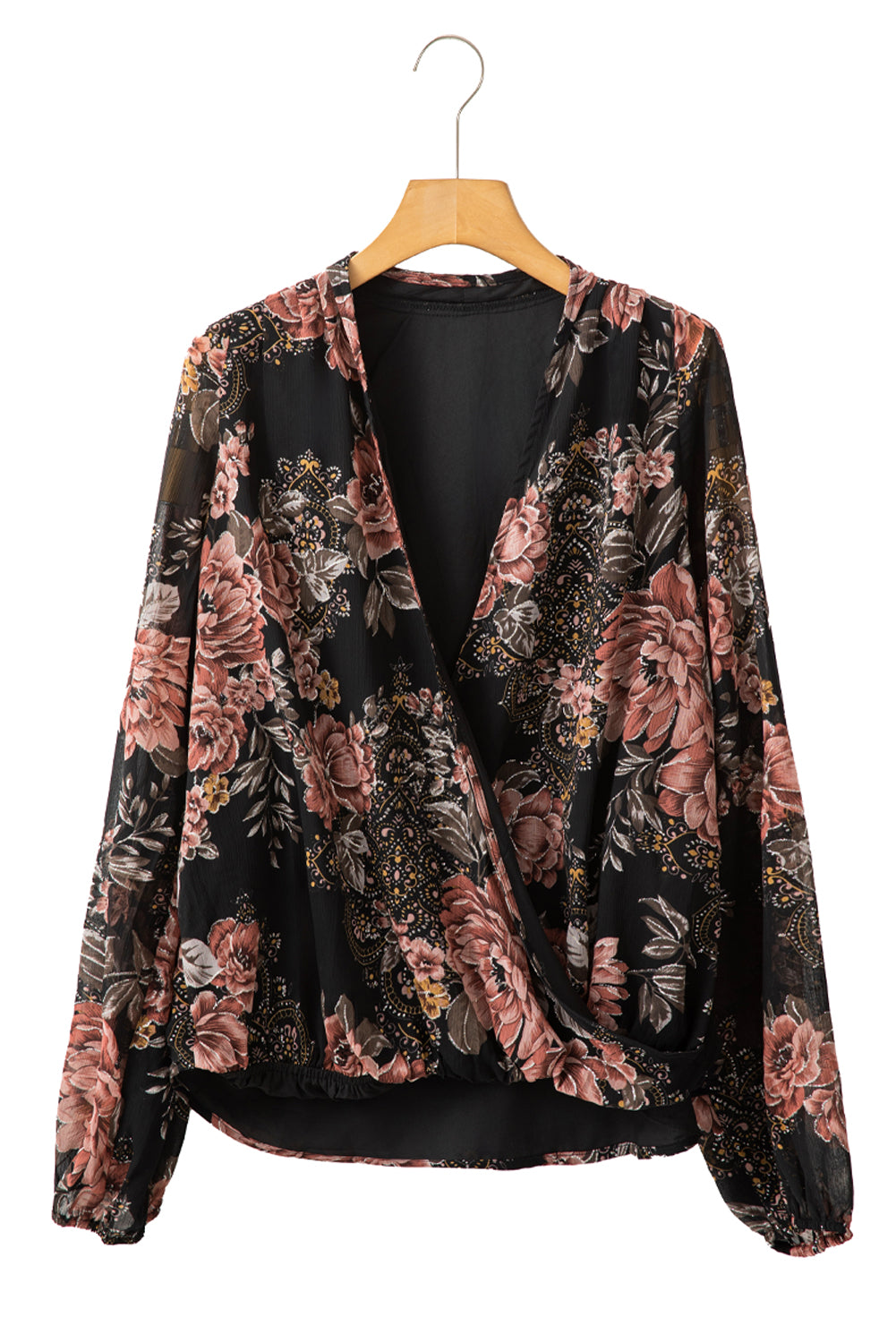 Black Floral Print Criss Cross V Neck Balloon Sleeve Blouse