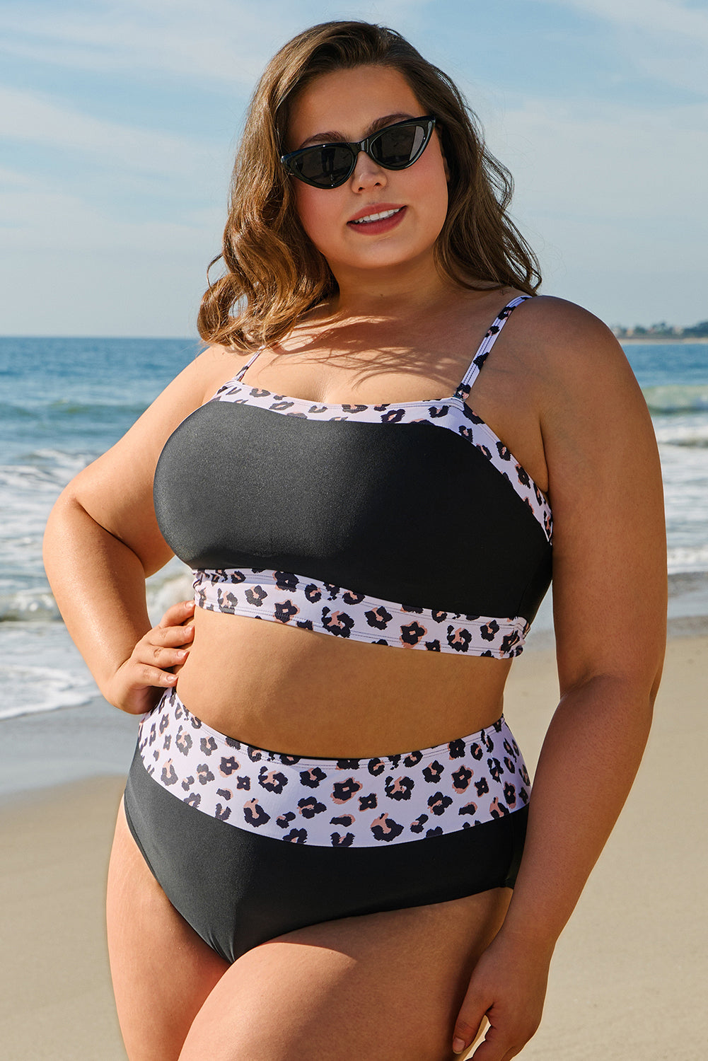 Black 2pcs Leopard Patchwork Plus Size High Waisted Swimsuit