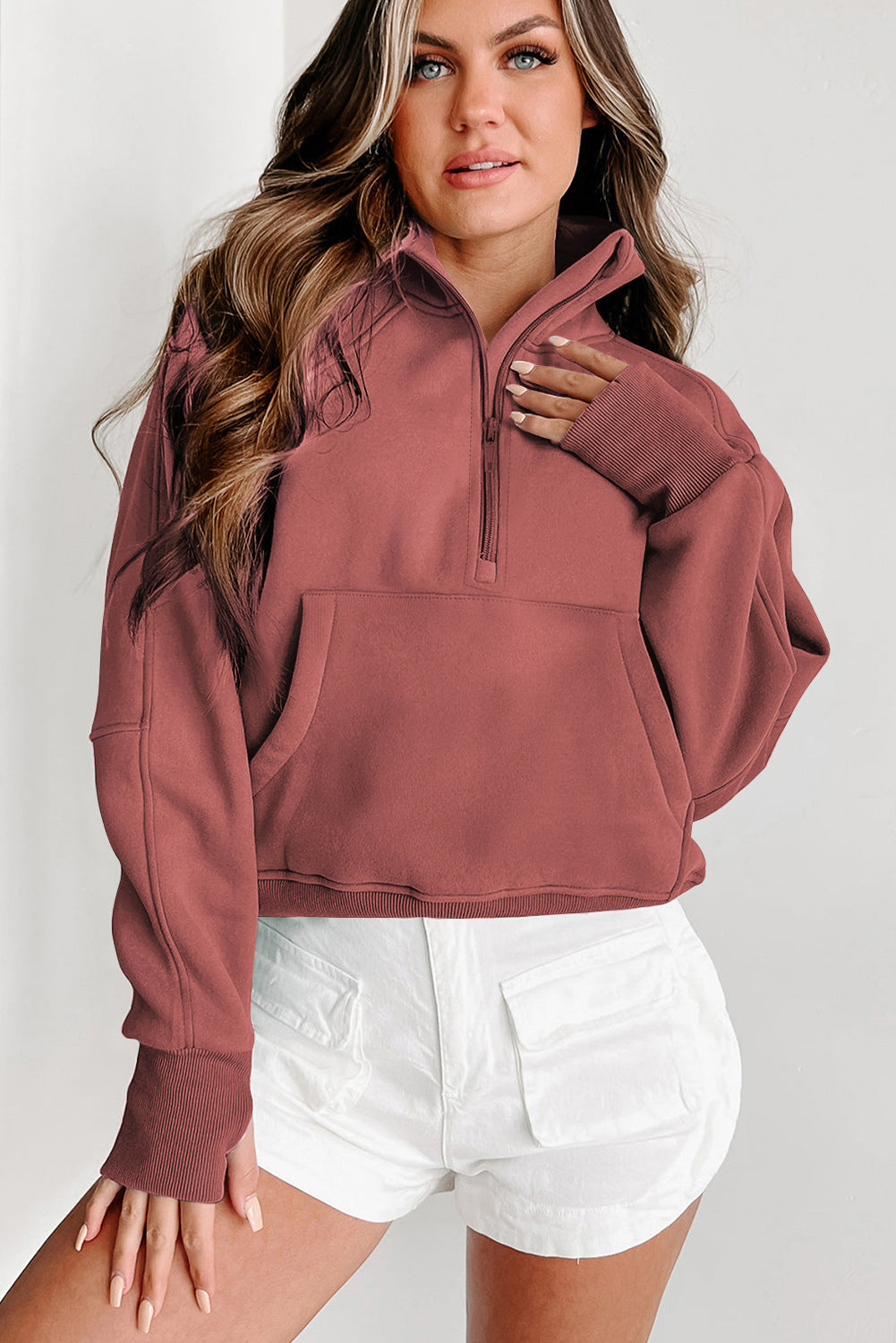 Zip Up Stand Collar Ribbed Thumbhole Sleeve Sweatshirt - 12 Colours Available