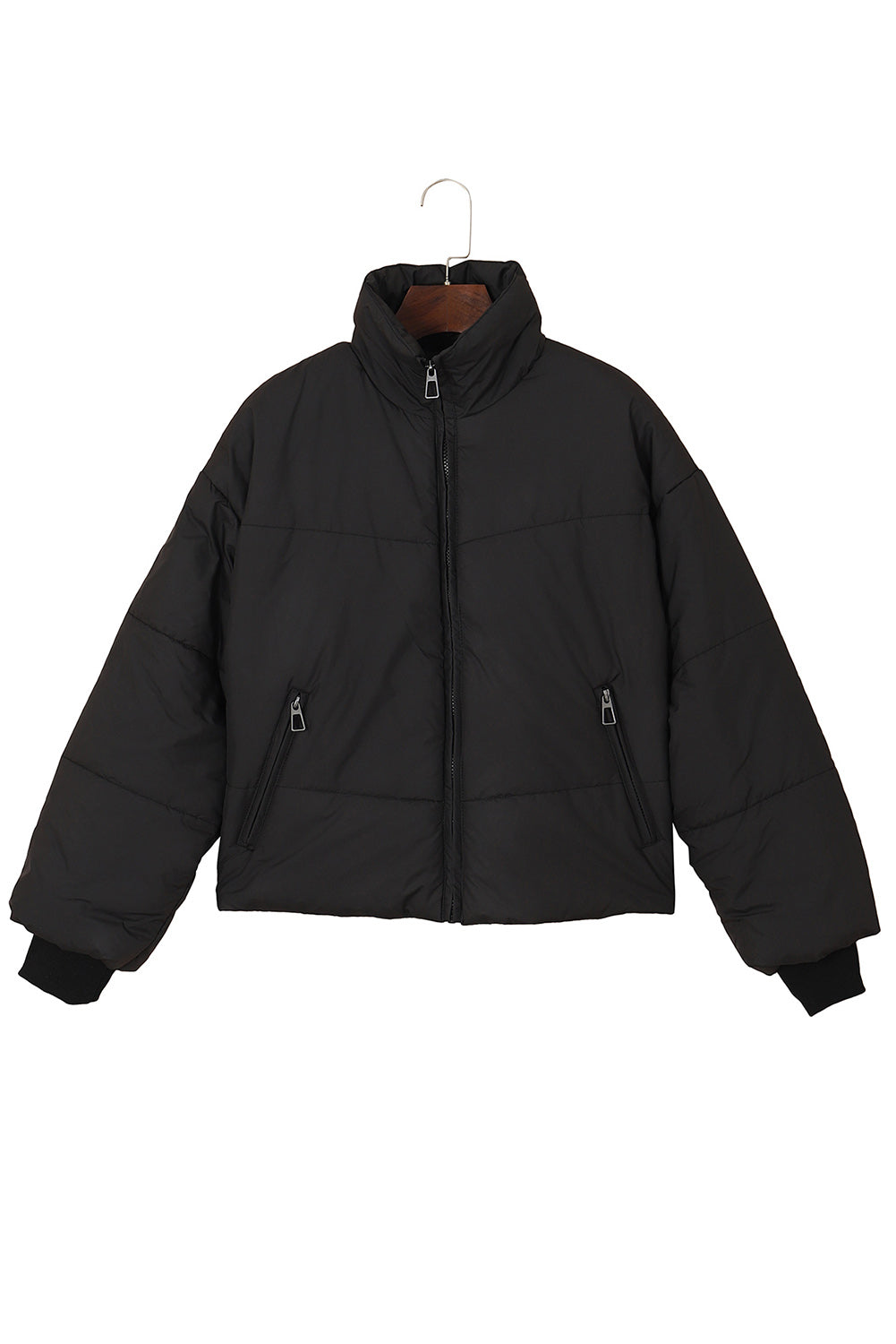 Solid Zip Up Pocketed Puffer Coat