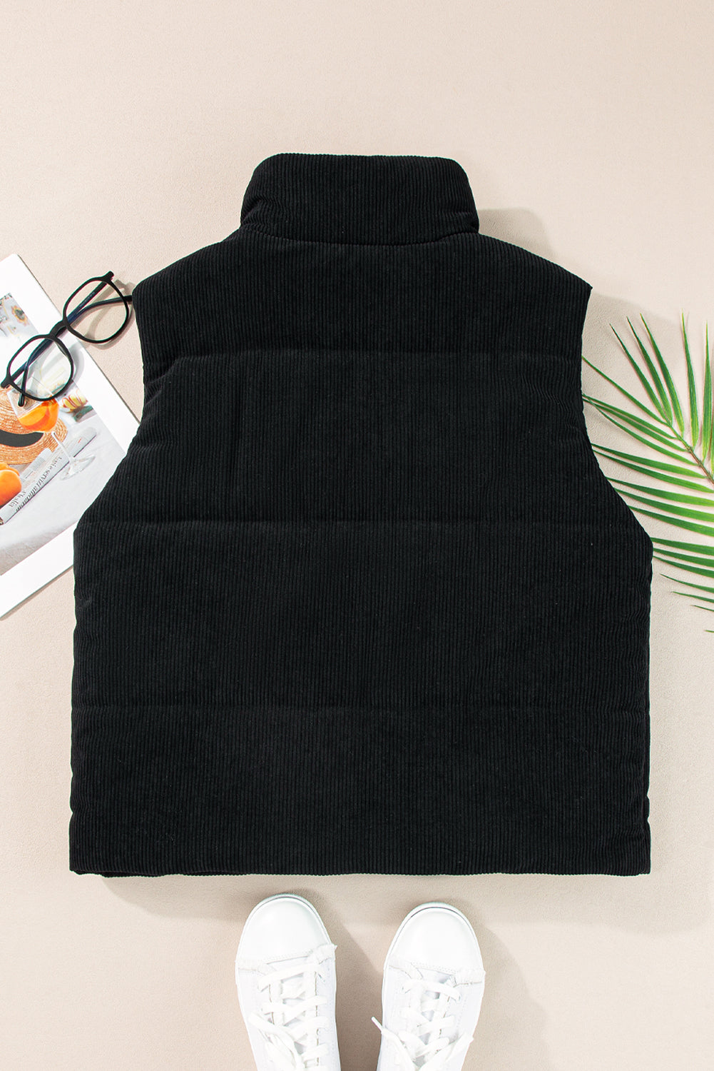 Black Solid Colour Corduroy Puffer Vest Coat