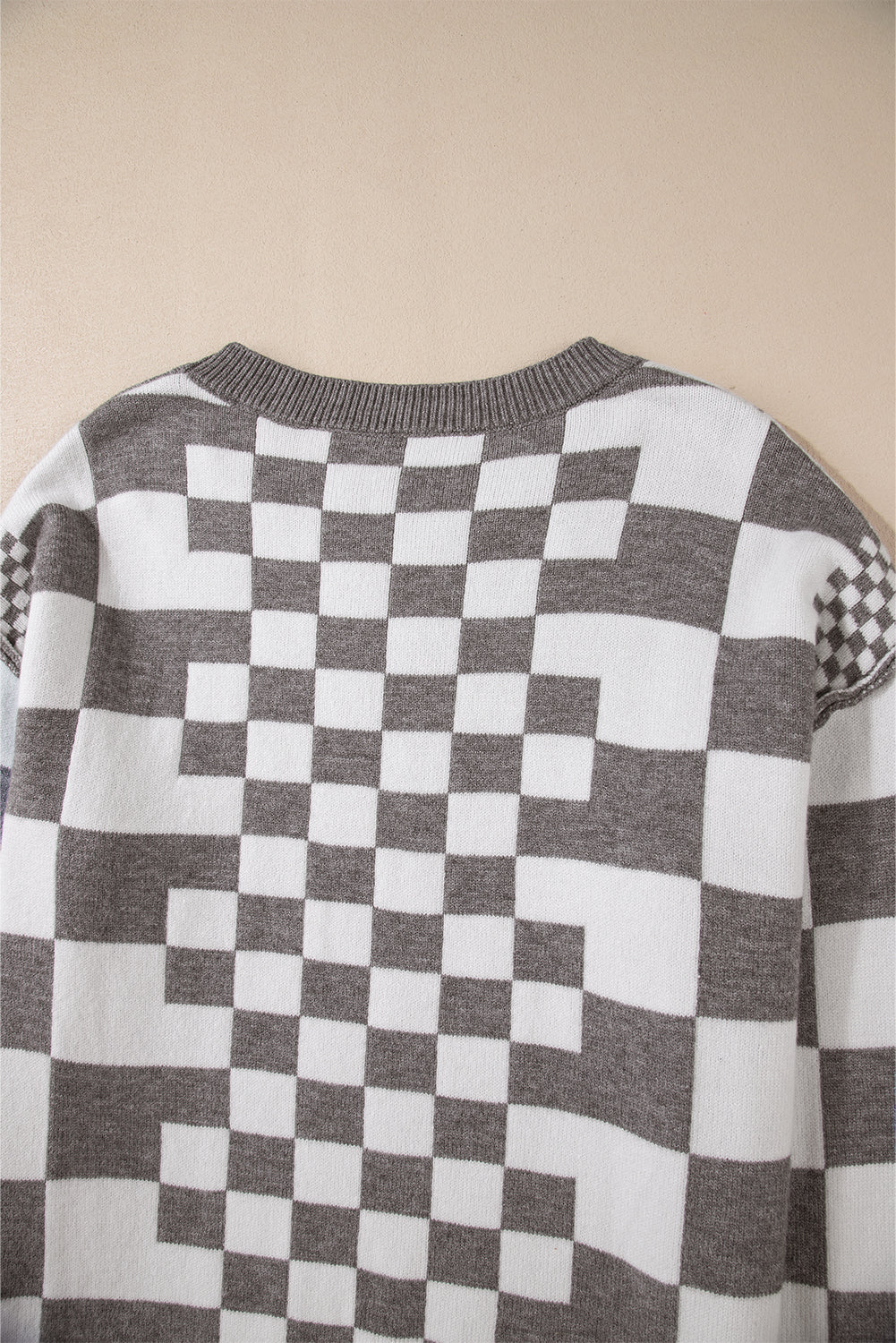 Checkered Drop Shoulder Round Neck Sweater