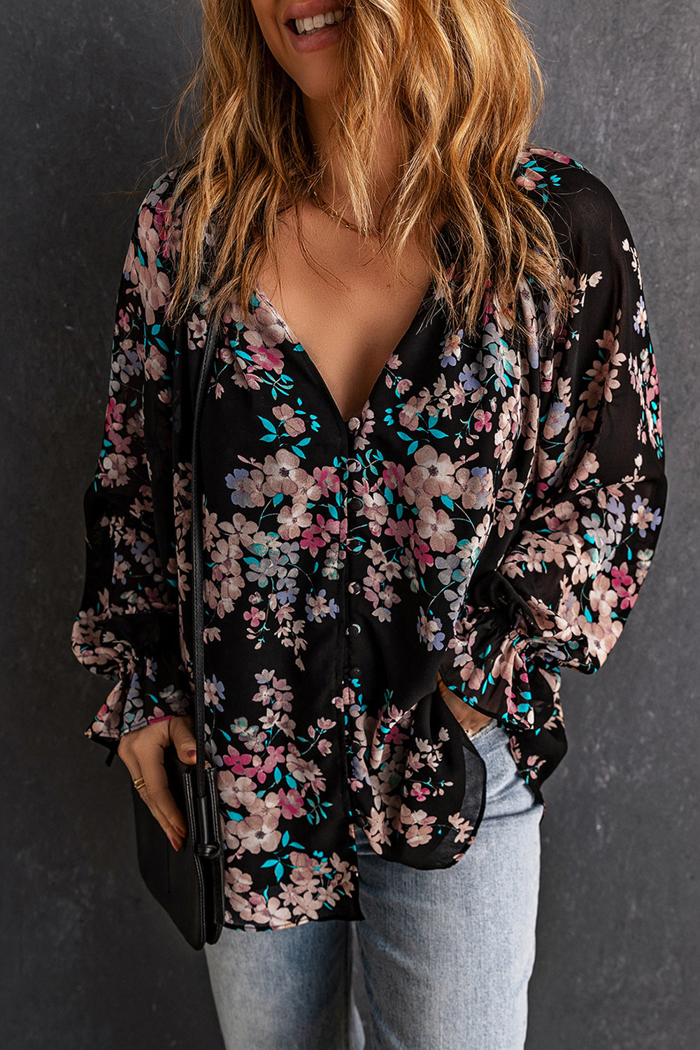 Black Floral Boho Chiffon Peasant Sleeve Blouse