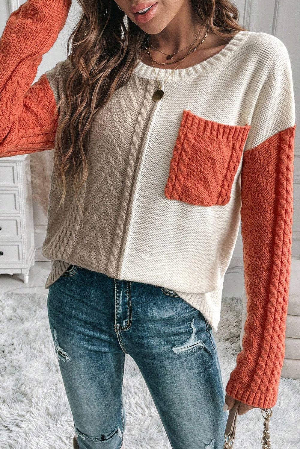 Colorblock Pocket Drop Shoulder Sweater