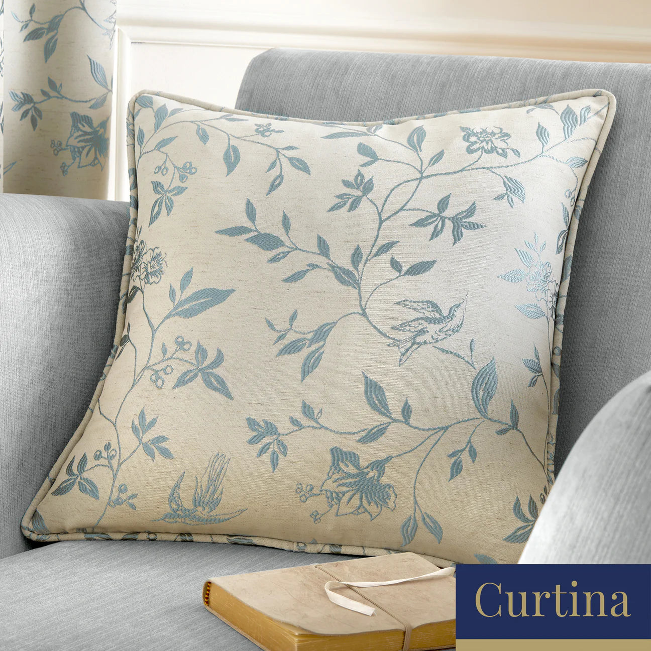 Bird Trail - Jacquard Duck Egg Filled Square Cushion - by Curtina