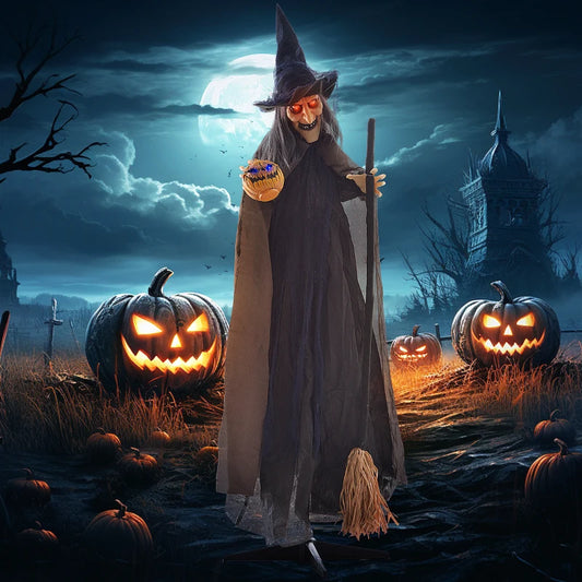 6'2" Witch with Broomstick Halloween Animatronic, with Glowing Eyes