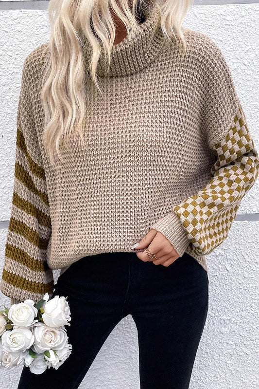 Smoke Striped Plaid Patchwork Waffle Knit Turtleneck Sweater