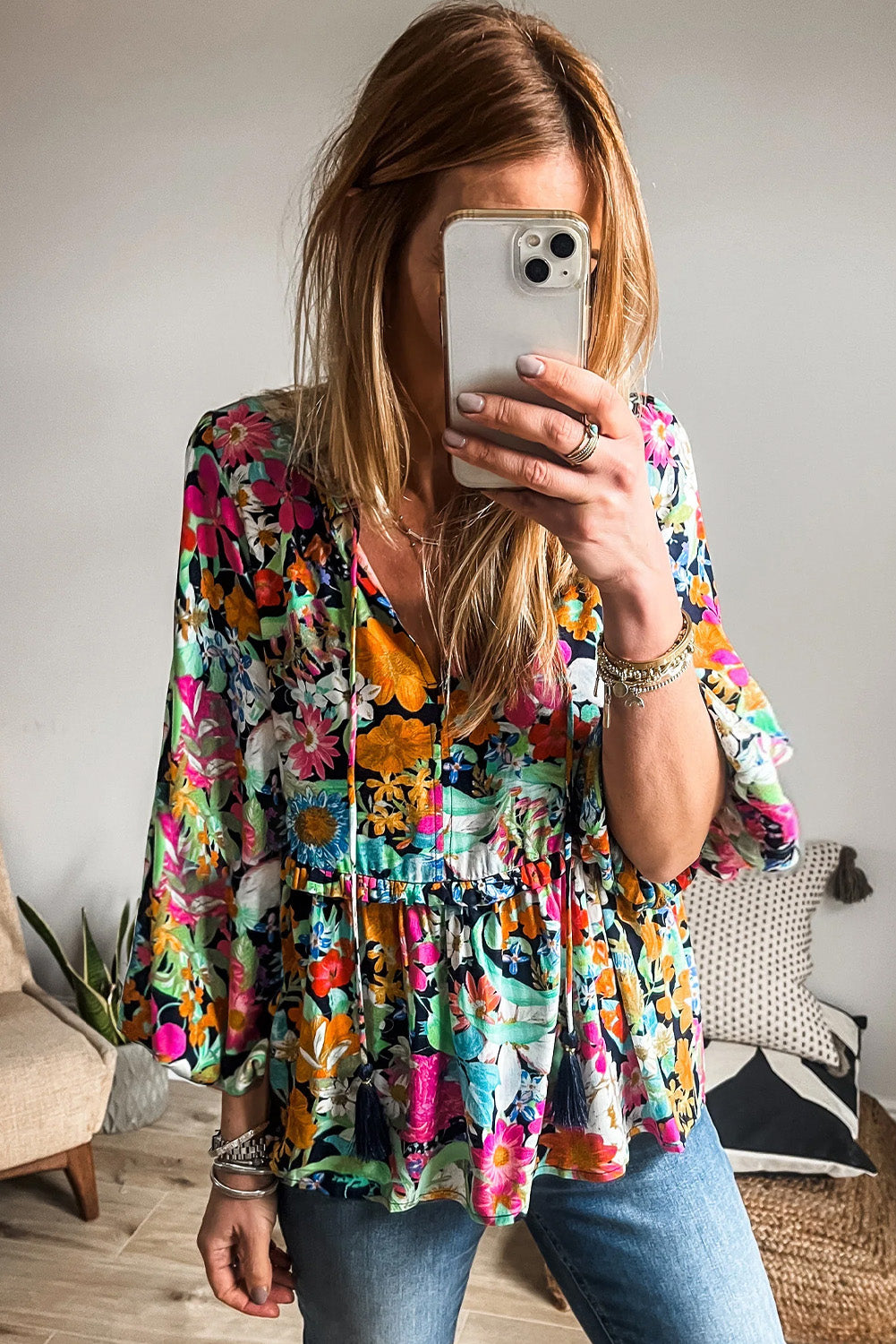 Multicolour Boho Floral V Neck Lantern Sleeve Blouse