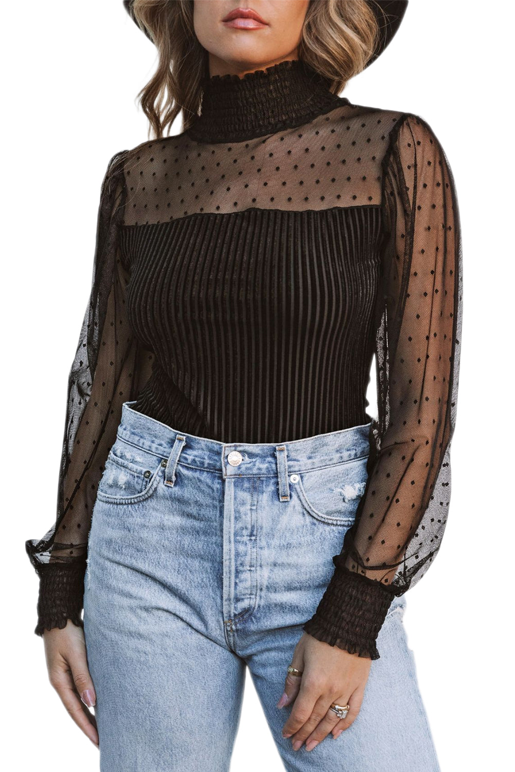 Sexy Sheer Dotty Puff Sleeve Ribbed Velvet Bodysuit