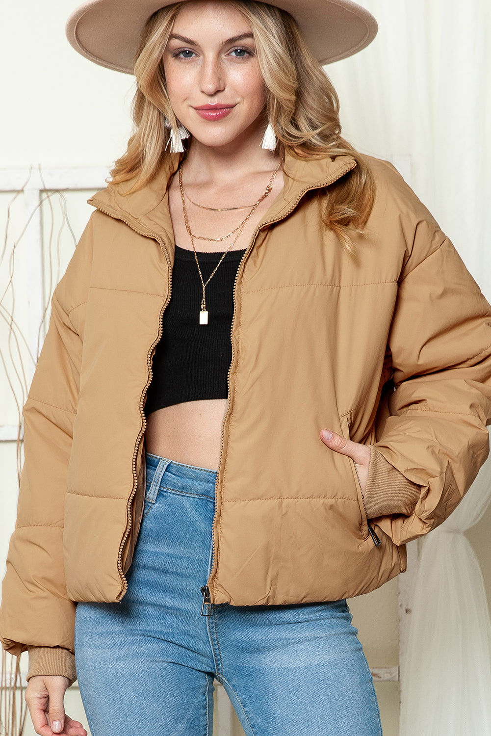 Solid Zip Up Pocketed Puffer Coat