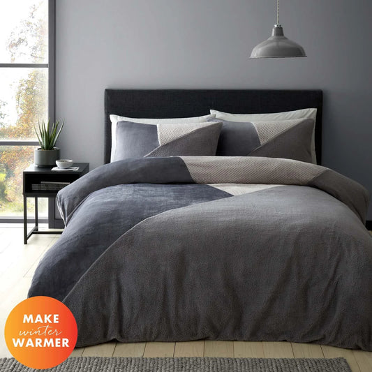 Cosy Larsson Geo Fleece Grey Duvet Cover Set - Catherine Lansfield