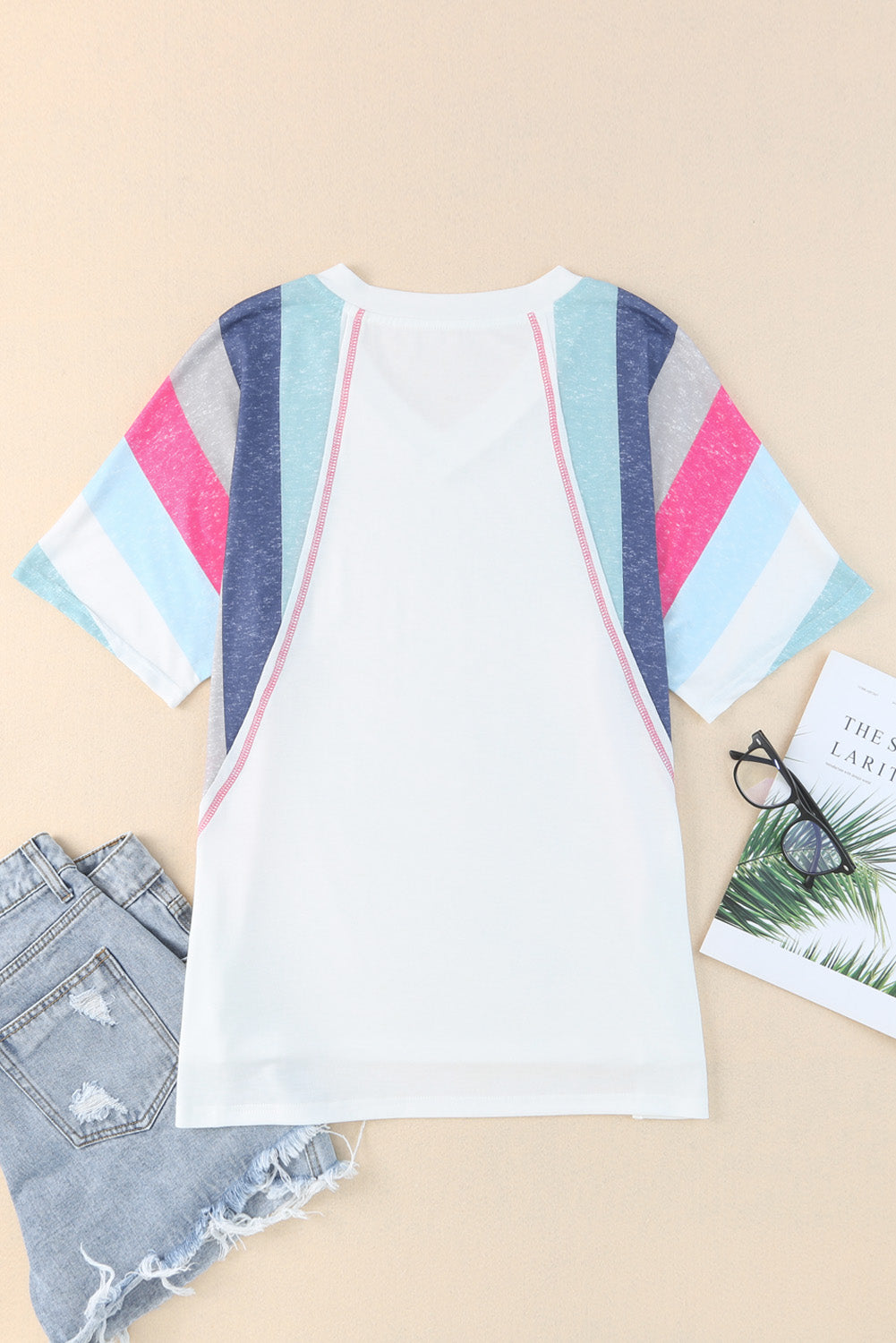 White Stripe Colorblock V Neck T Shirt